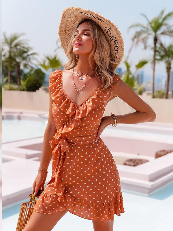 V-Neck Sleeveless Polka Dot Lace Up Ruffles Short Dress
