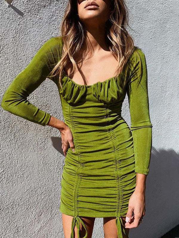 Square Collar Drawstring Shrinkage Mini Dress