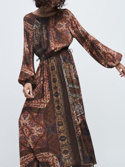 Floral Print Round Neck Lace Up Maxi Dress