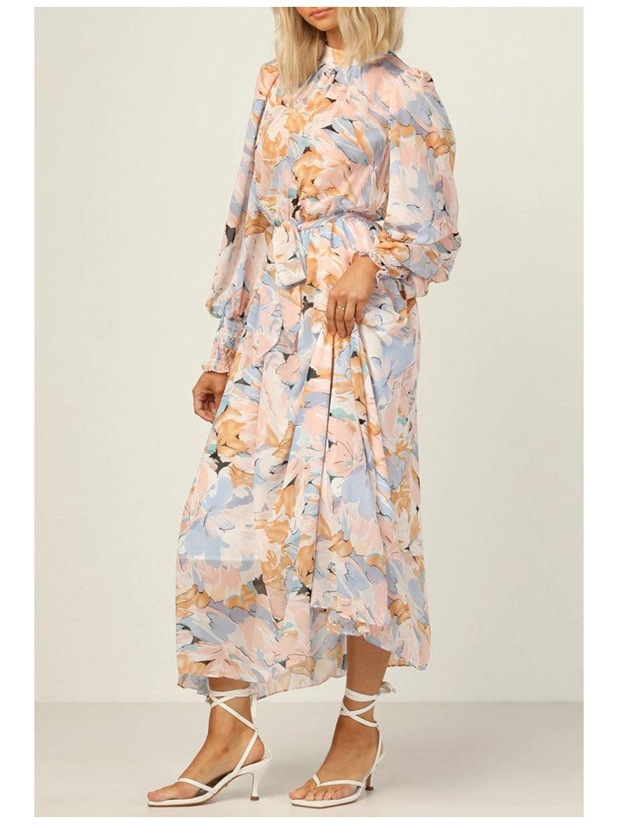 Lantern Sleeve Chiffon Floral Dress