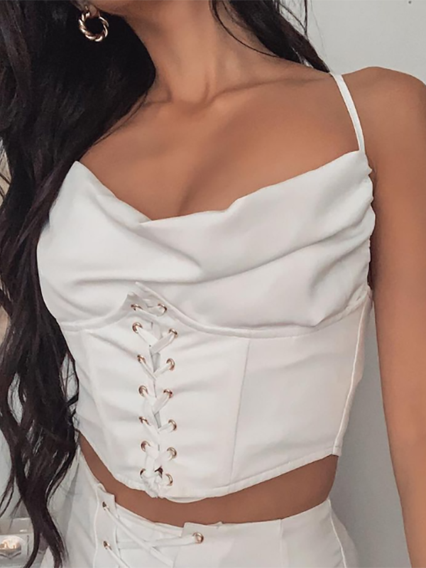 Lace Up Satin Ruffles Crop Top