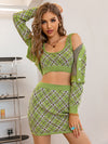 Green Plaid Backless Crop Top & Skirts Coord Set