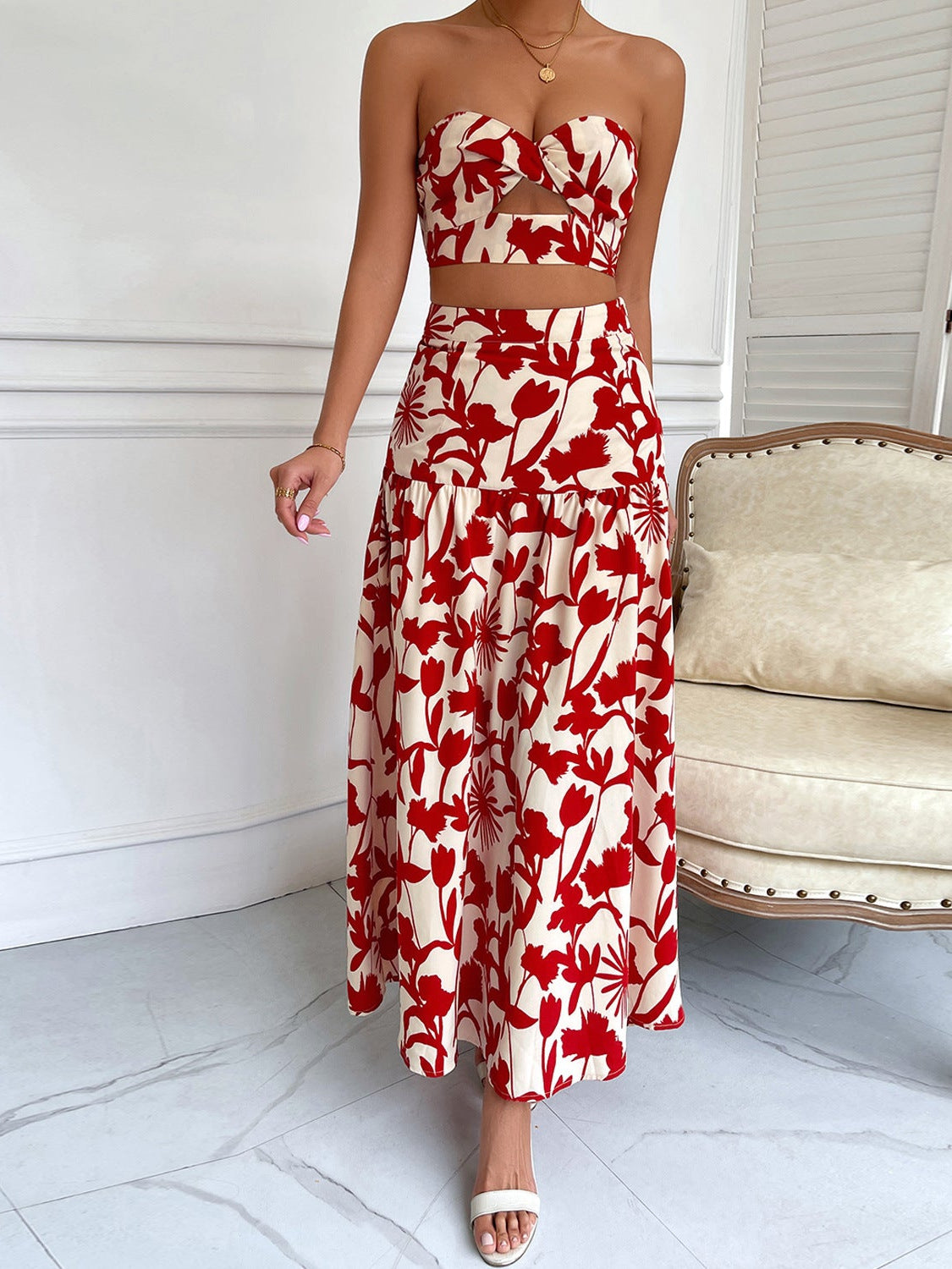 Floral Print Tube Crop Top & Long Skirt Coord Set