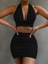 Ruched Halter Neck Top & Skirt Coord Set  Black