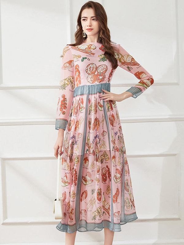 Light Silk Chiffon Printed Crew Neck A Line Dress