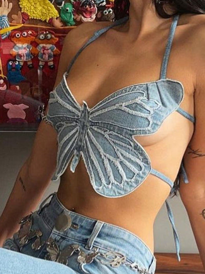 Butterfly 3D Frayed Hollow Out Strap Sling Top