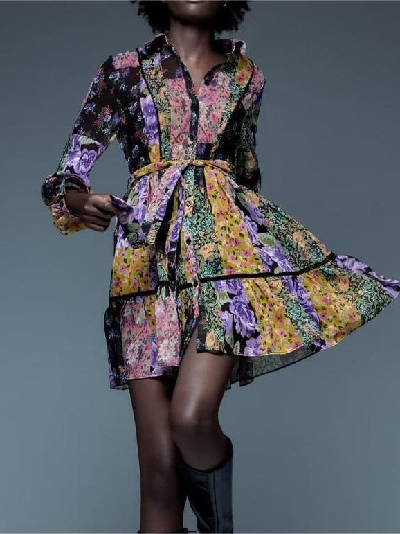 Jiamao Printed Short Belted Shirt Dress