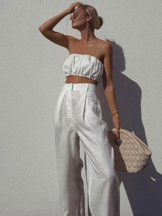 Bandeau Tube Top Cotton Linen High Waist Wide Leg Pants Coord Set