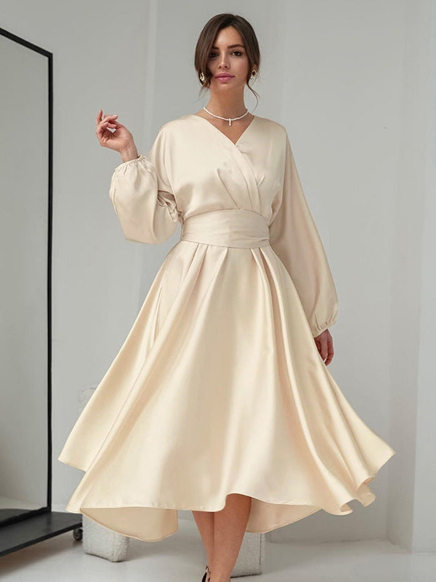 Satin Puff Sleeve Waist Fit Dress