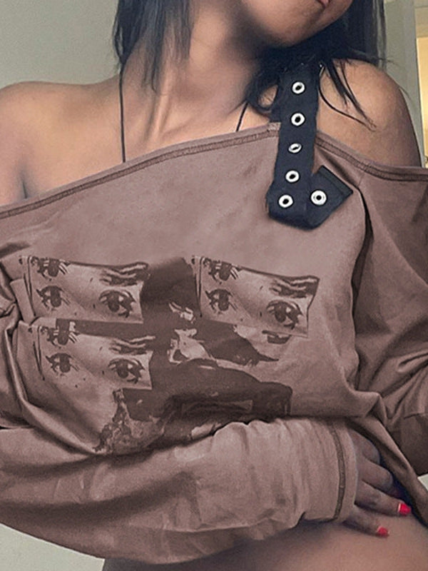 Vintage Print One Shoulder Asymmetric Crop Top T Shirt