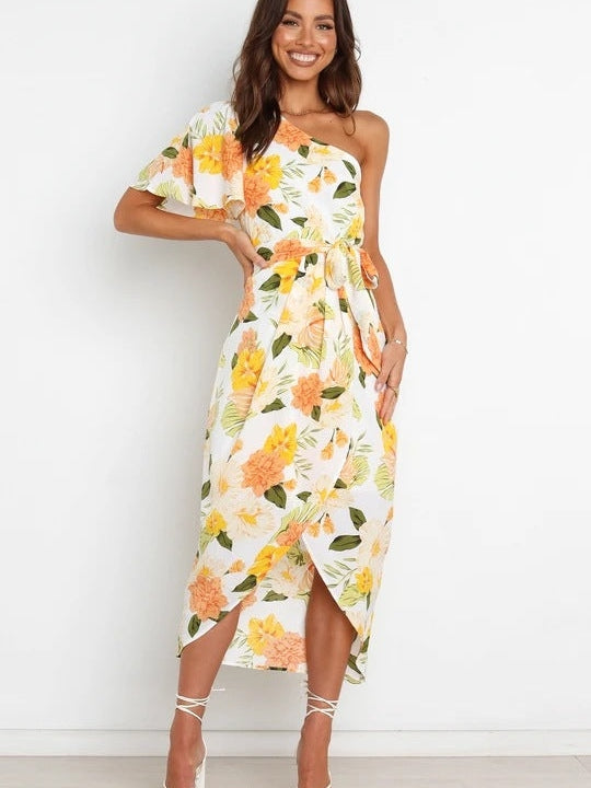 One Shoulder Floral Print Asymmetric Dress