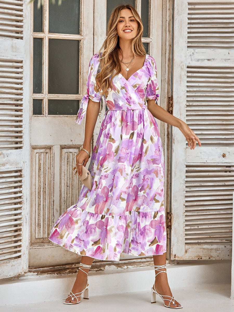 Floral Print Puff Sleeve V neck Maxi Dress