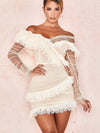 One Shoulder Asymmetric Mesh Long Sleeve Lace Stitching Dress