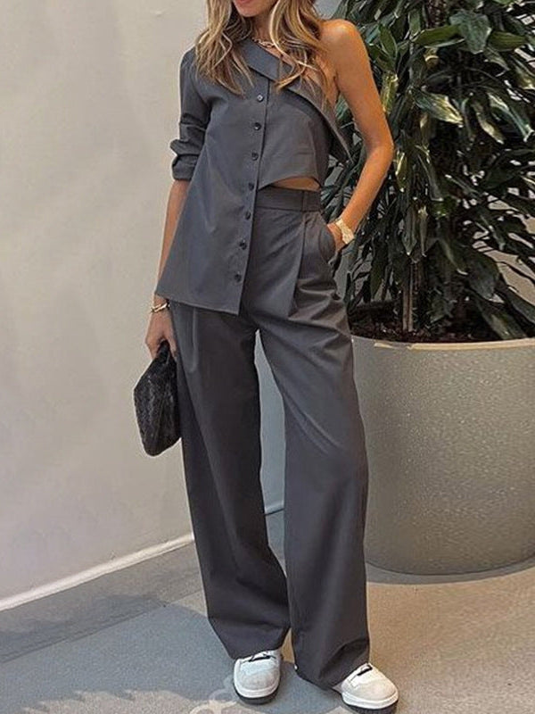 One Shoulder Asymmetric Top & Pants Coors Set