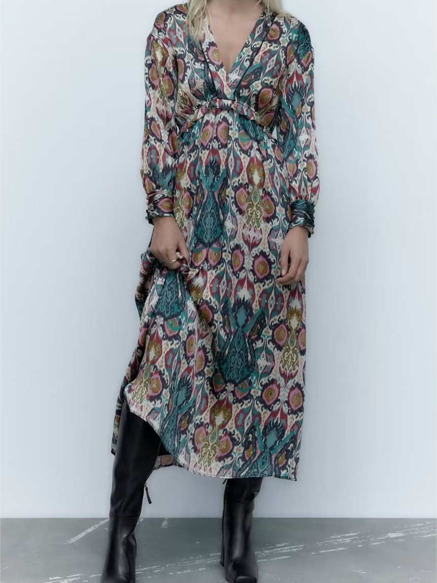 Floral Print Long Sleeve V Neck Printed Midi Dress