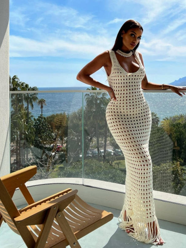 Bohemian U Neck Backless Beach Hollow Out Tassel Dress