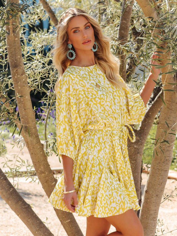 Yellow Printed Crewneck Twist Strap Dress