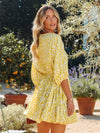 Yellow Printed Crewneck Twist Strap Dress