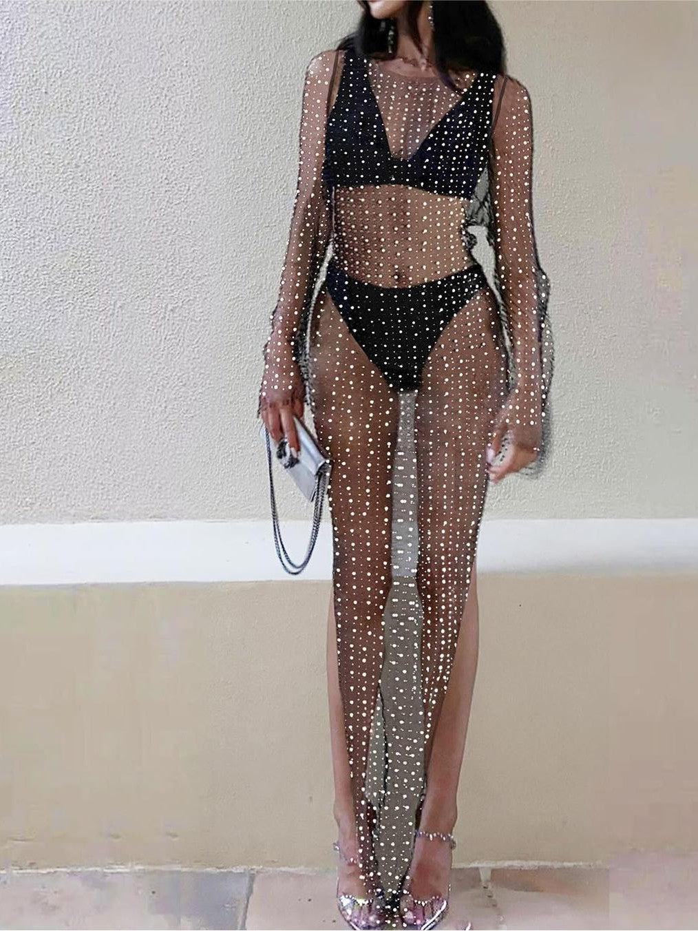 Beaded Mesh See Through Maxi Dress