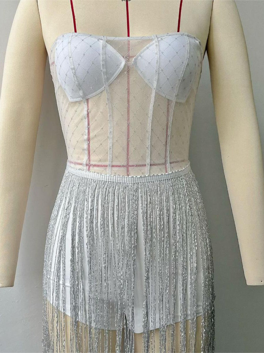 See through Tassel Bandeau Tube Irregular Asymmetric Dress