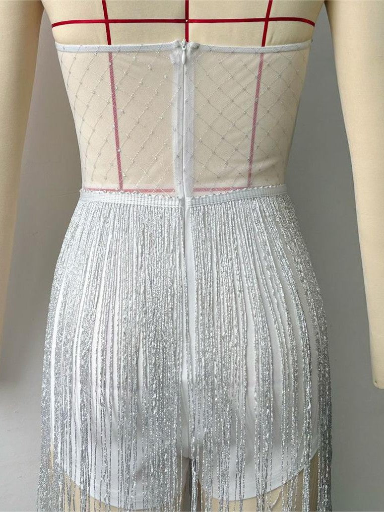 See through Tassel Bandeau Tube Irregular Asymmetric Dress