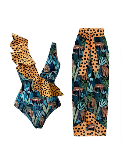 Tropical Print One Piece Bikini with Sarong Swimsuit Set