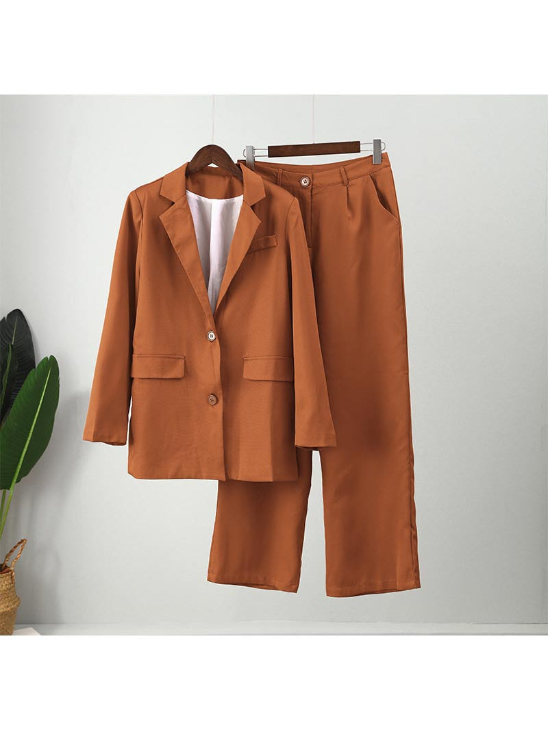 Brown Blazer Coat with Wide Leg Pants Coord Set