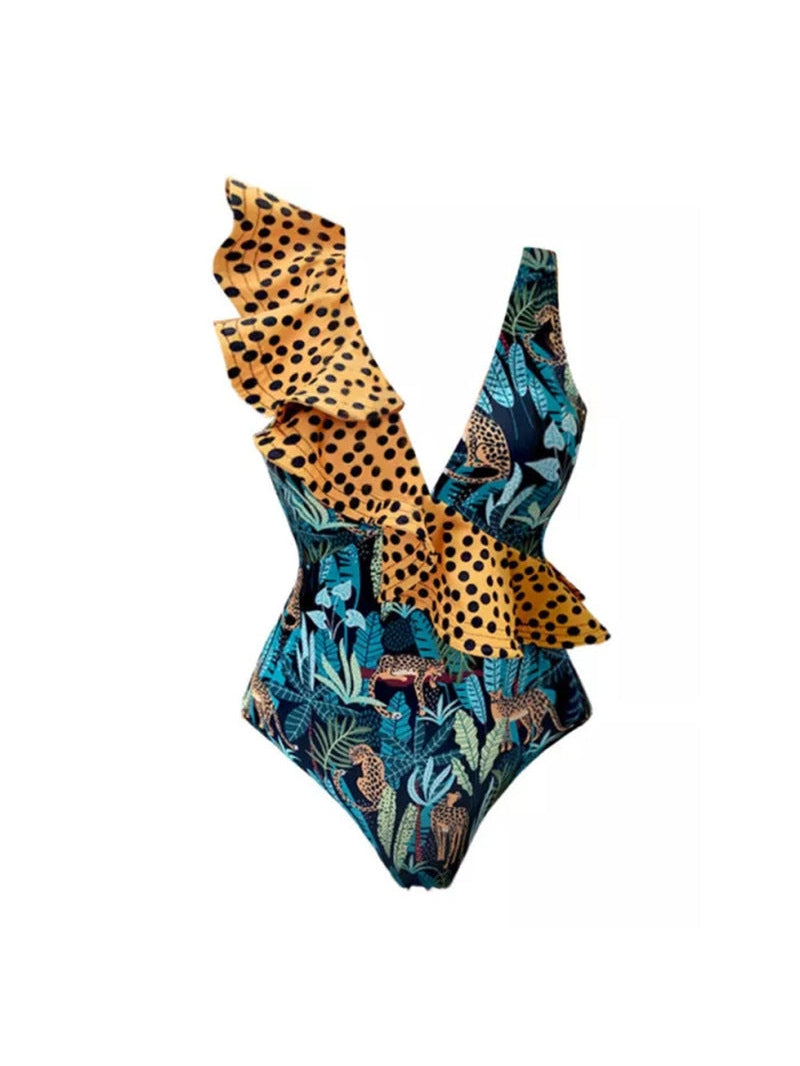 Tropical Print One Piece Bikini with Sarong Swimsuit Set