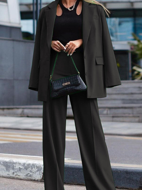 Black Blazer Coat with Wide Leg Pants Coord Set