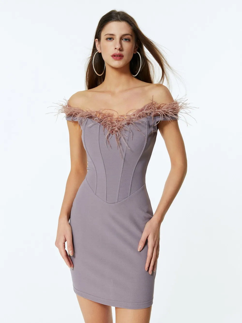 Off Shoudler Corset Feather Fur Dress