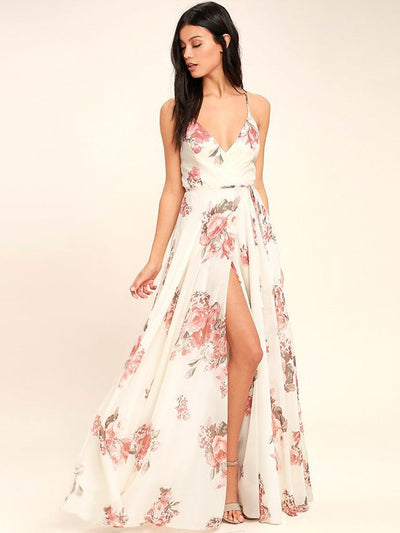 Floral Strap Dress Lace Up Split Summer Dress