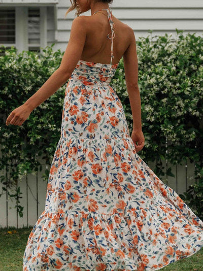 Floral Print Chiffon V Neck Sleeveless Maxi Dress