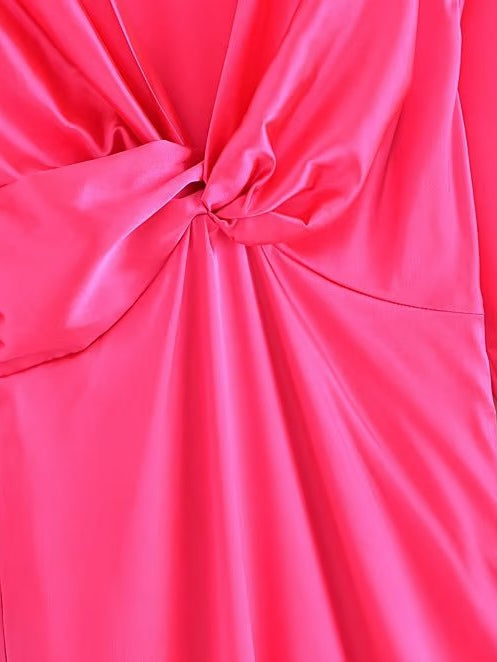 V Neck Silk Forged Texture Bow Tie Elastic Sleeve Dress