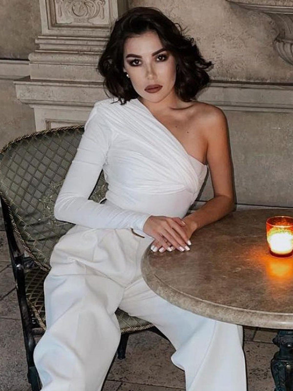 Ruched One Shoulder Pleated Bodysuit Top