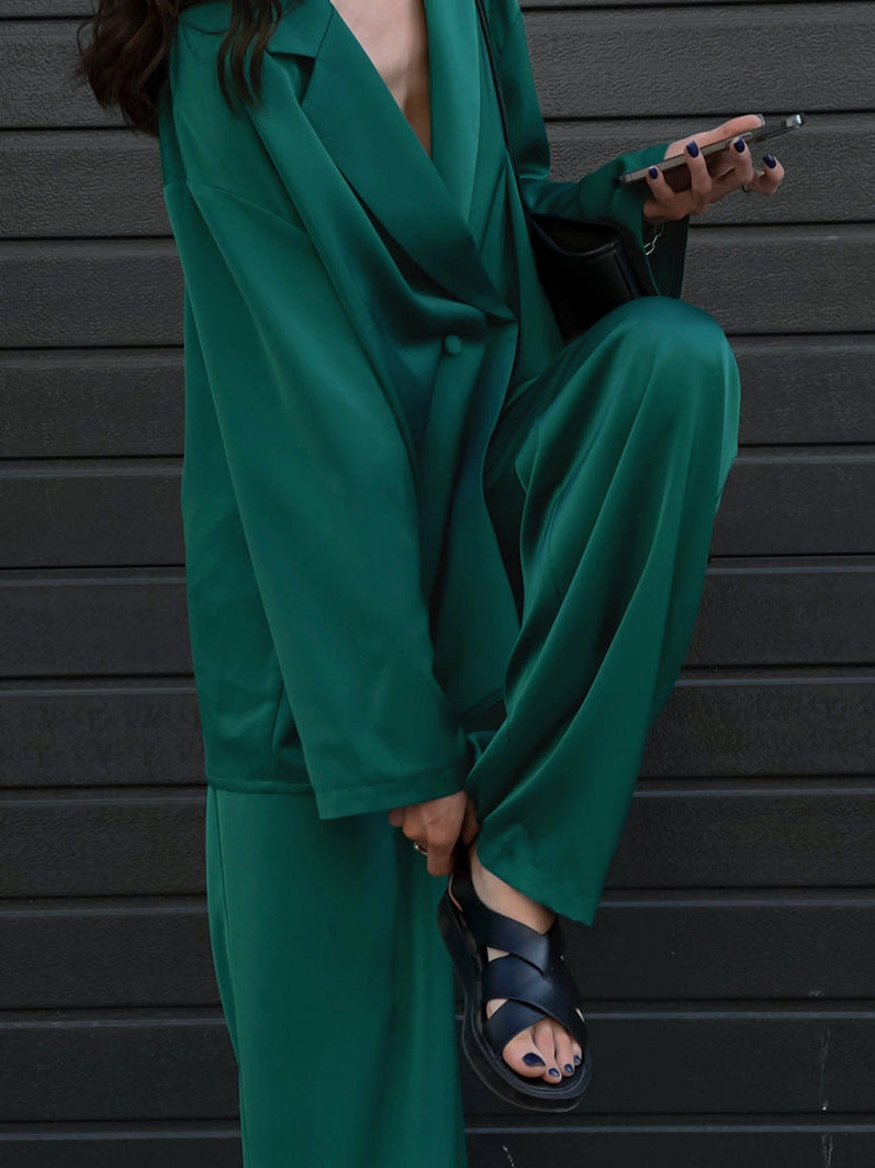 Green Satin Drape Blazer & Wide Leg Pants Coord Set