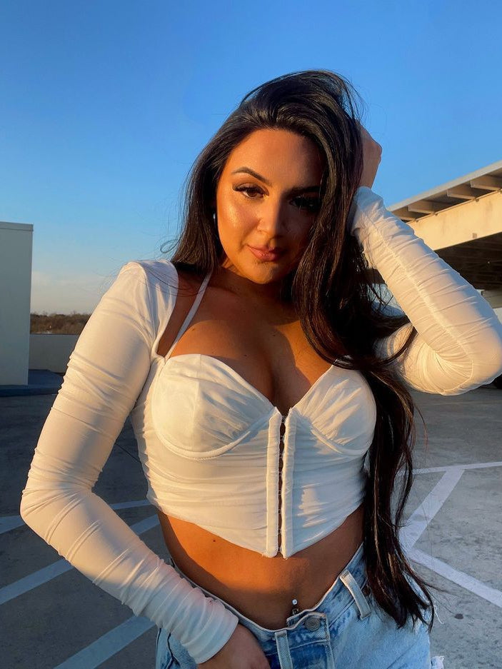 Mesh See through Square Collar Crop Pleated Top