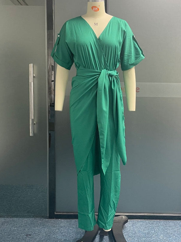 Casual V Neck Short Sleeve Jumpsuit Style Coord Set