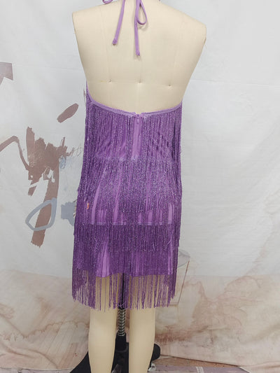 Halterneck Purple Tassel Sequins Dress