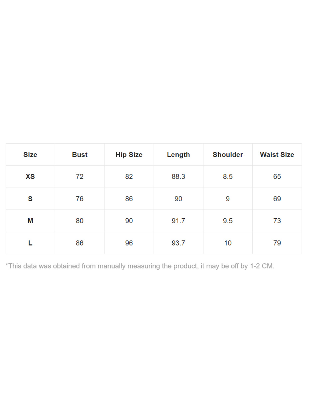 Size chart from XS to L showing Bust, Hip Size, Length, Shoulder, and Waist measurements in cm.
