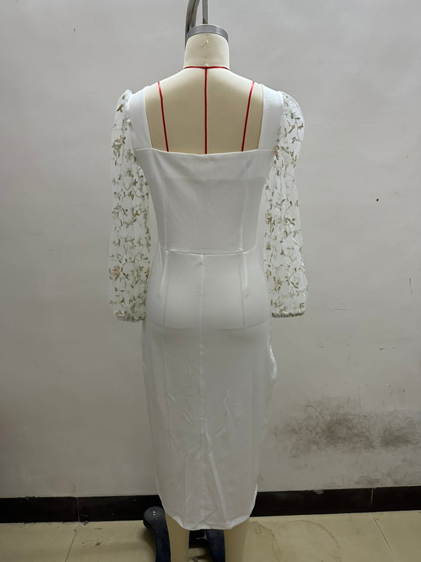 Square Neck Fishnet Embroidery Stitching Hip Dress