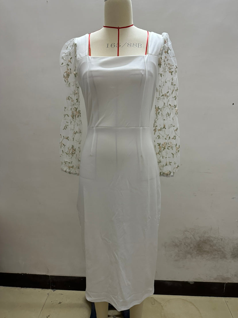 Square Neck Fishnet Embroidery Stitching Hip Dress