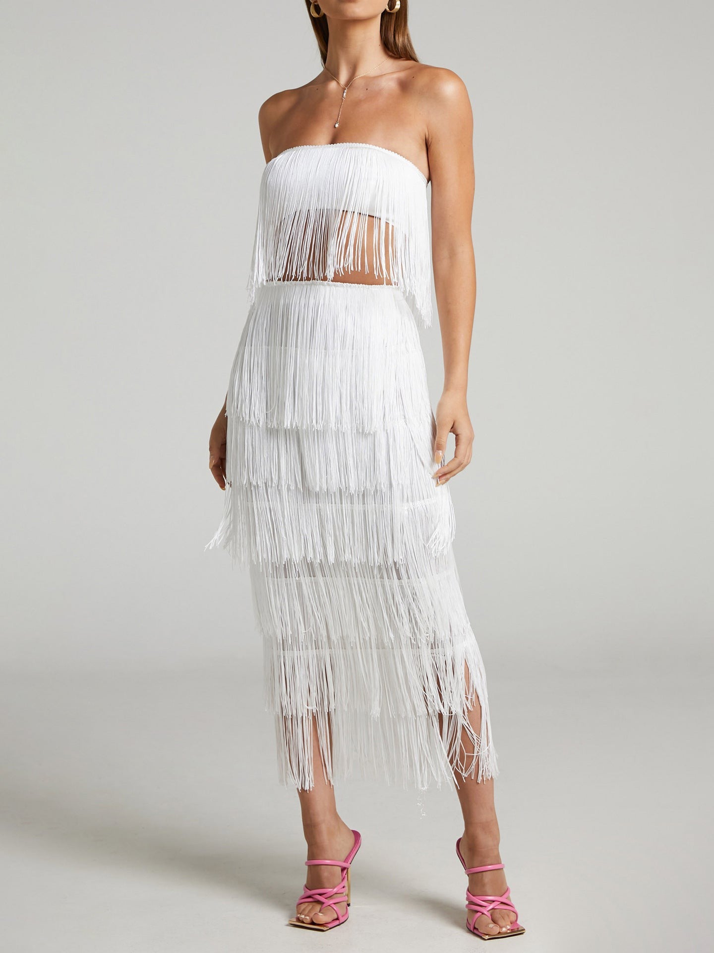 Off Shoulder Tube Top Tassel Coord Set