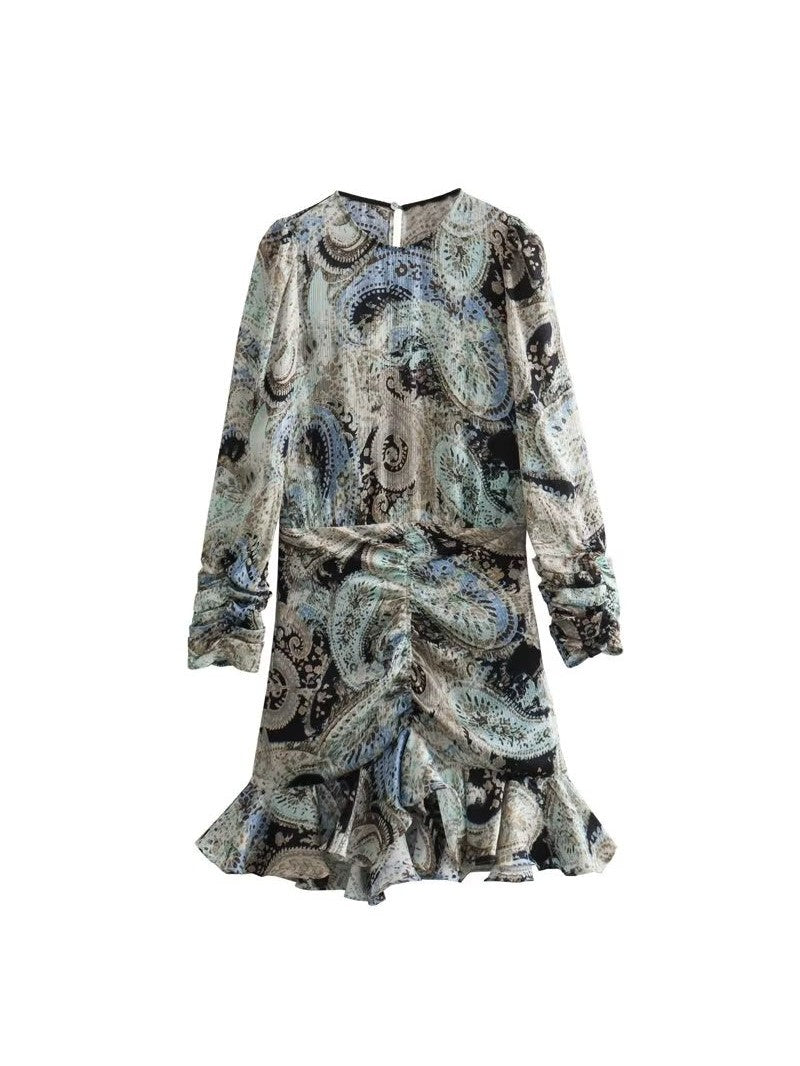 Ruffle Paisley Print A Line Mini Dress