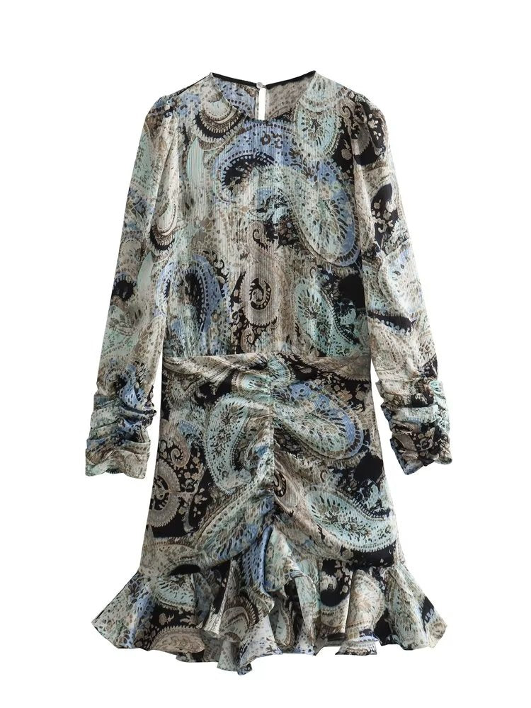 Ruffle Paisley Print A Line Mini Dress