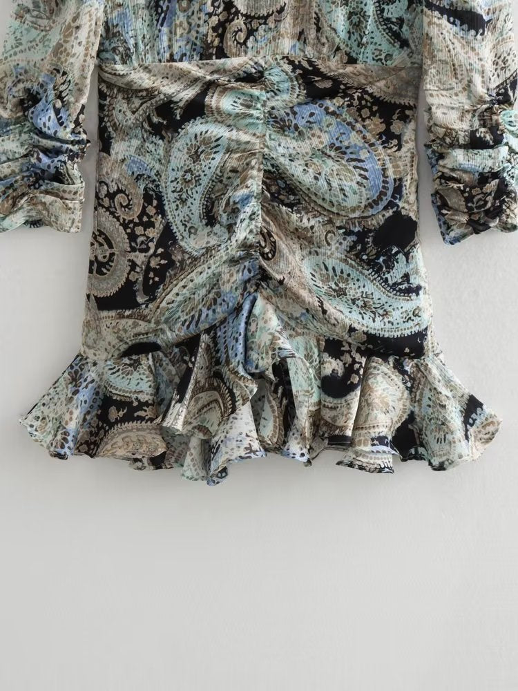 Ruffle Paisley Print A Line Mini Dress
