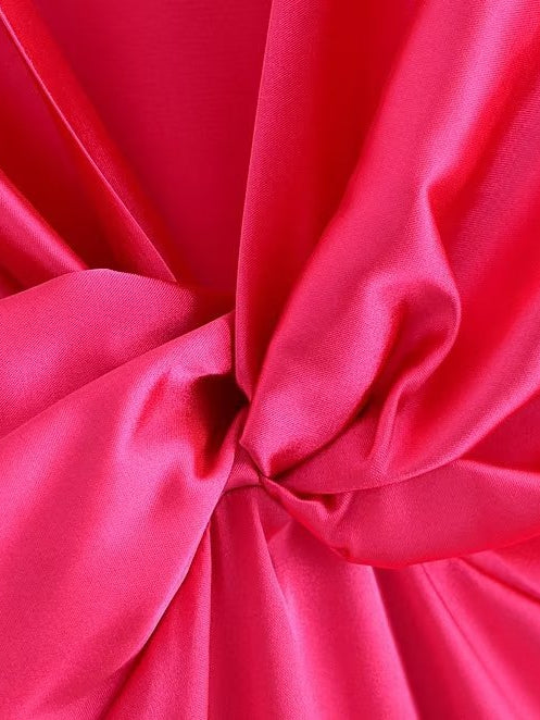 V Neck Silk Forged Texture Bow Tie Elastic Sleeve Dress