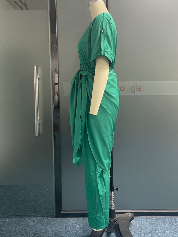 Casual V Neck Short Sleeve Jumpsuit Style Coord Set