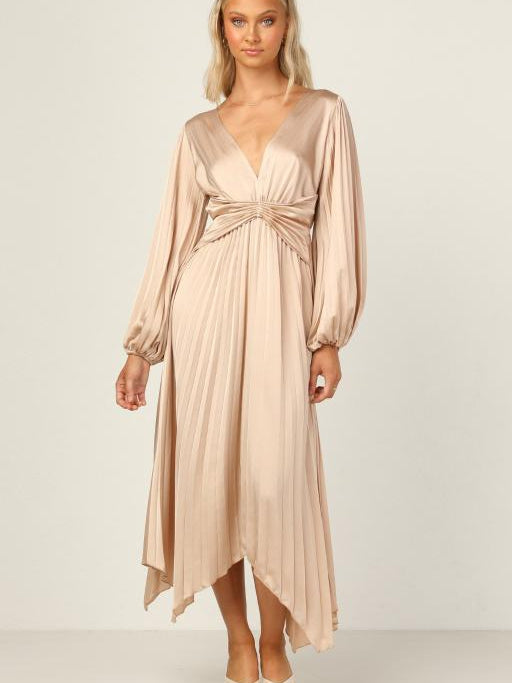 Satin Pleated Long Sleeve Dress