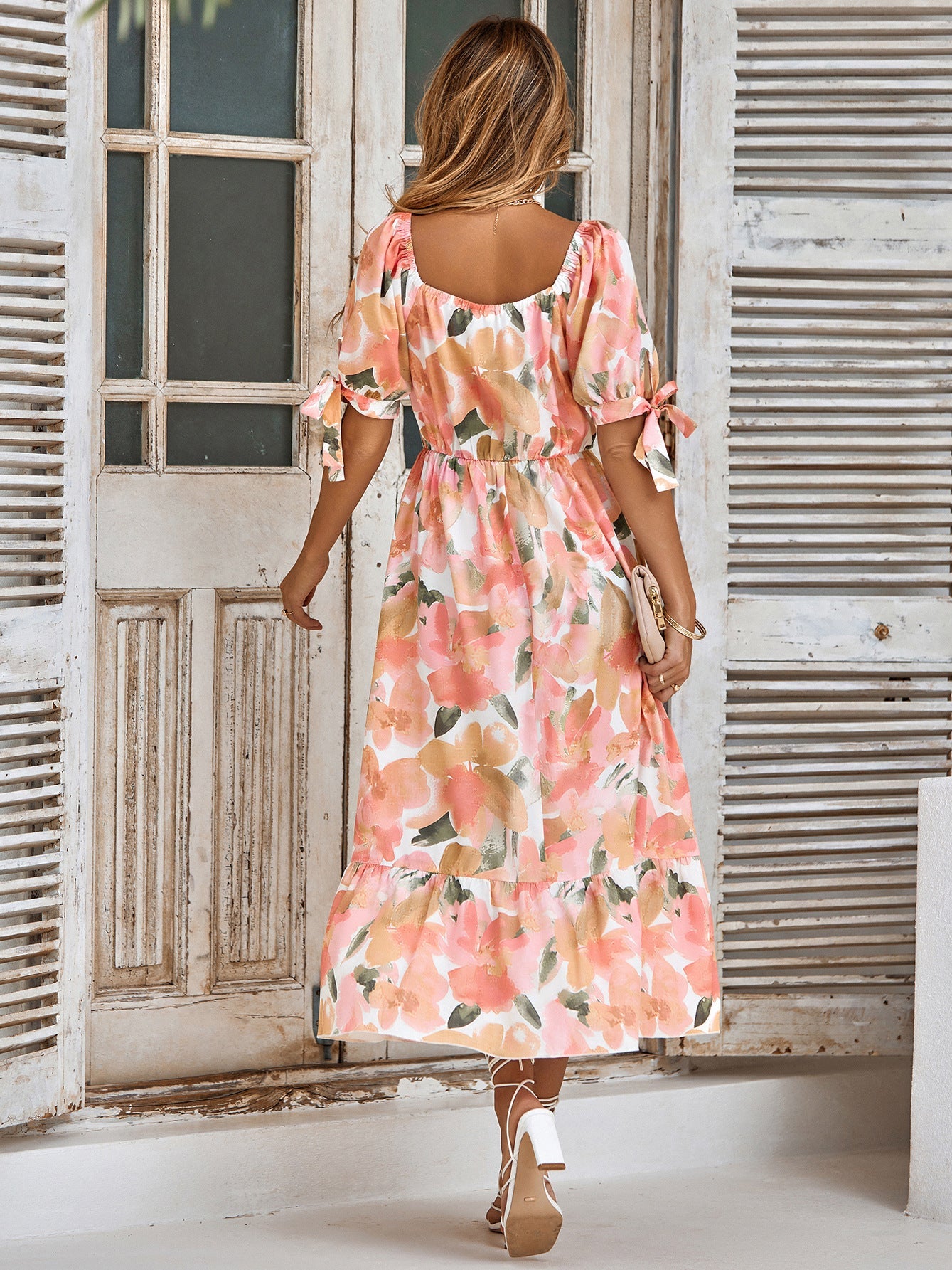 Floral Print Puff Sleeve V neck Maxi Dress