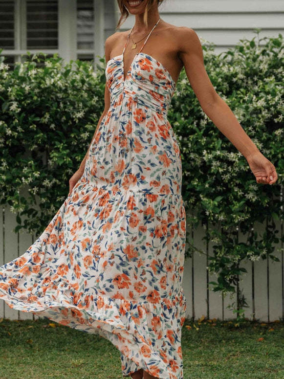 Floral Print Chiffon V Neck Sleeveless Maxi Dress